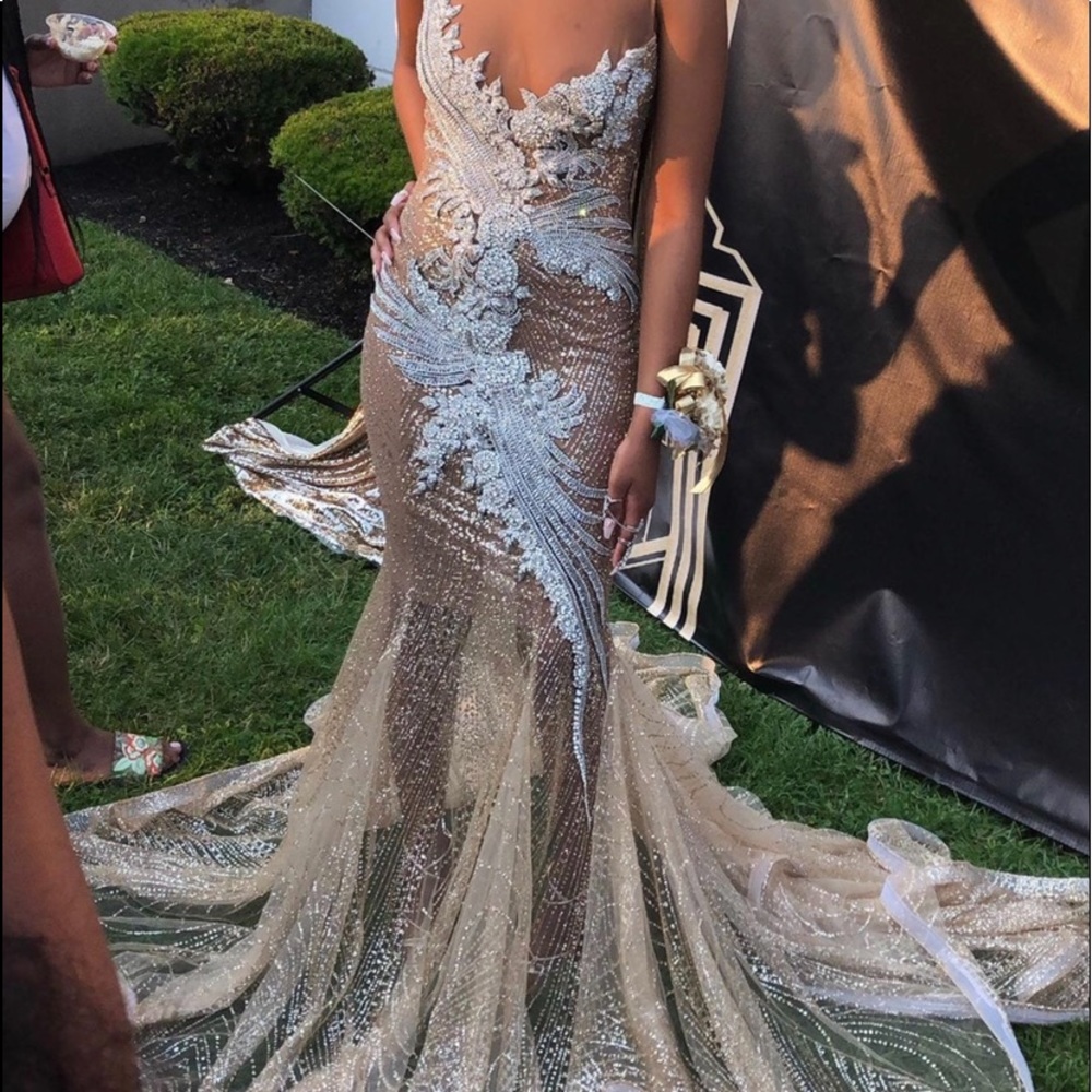 Custom Gold Gown hand stitched rhinestone embellishment
